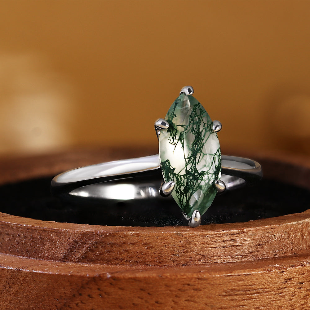 Marquise Cut Moss Agate Unique Nature-Inspired Solitaire Engagement Ring