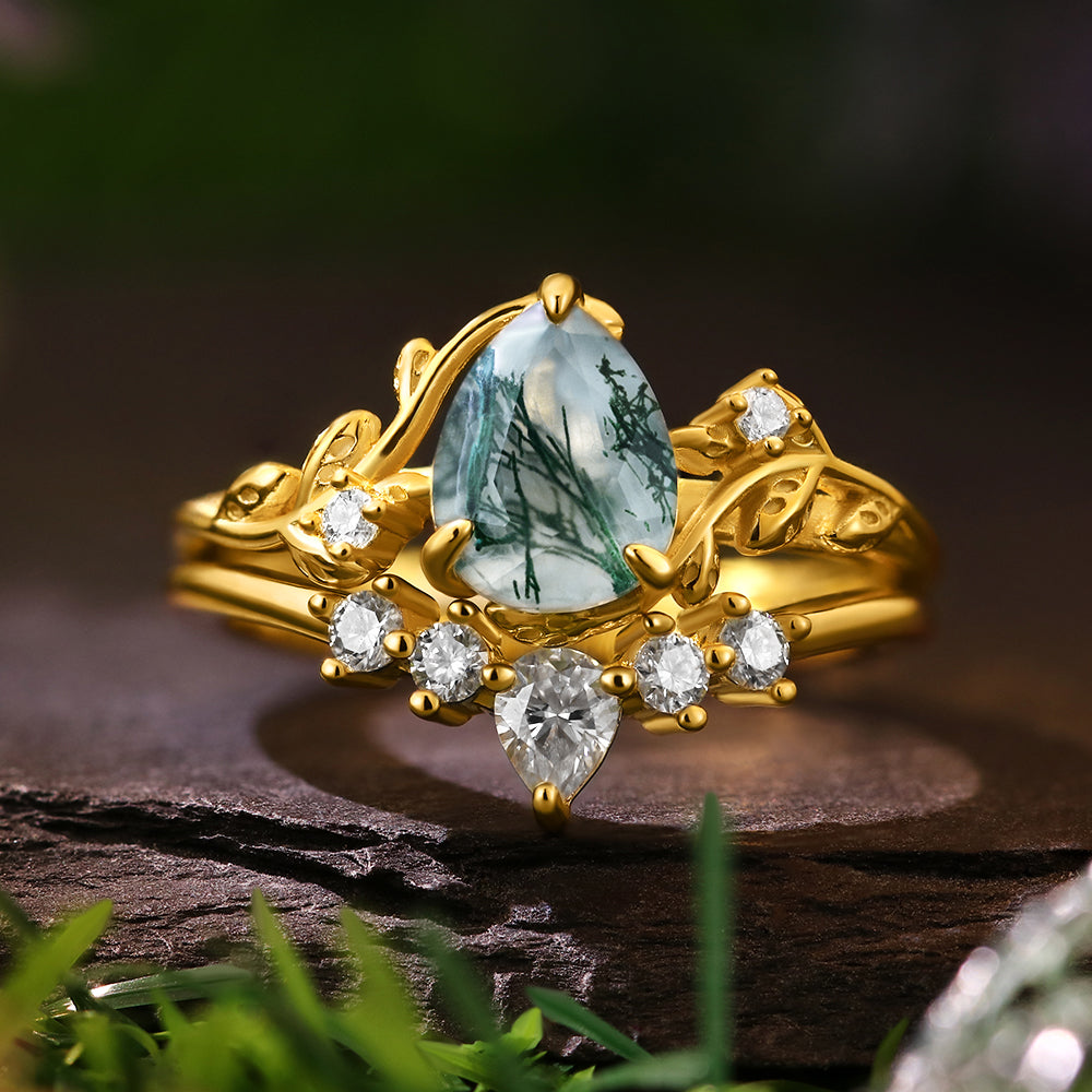 [Buy 1 Get 1 Free]6*8mm Pear Cut Moss Agate  Leaf Leaves Twig Nature Inspired Ring Twisted Ring Vintage Crved Band Bridal Set