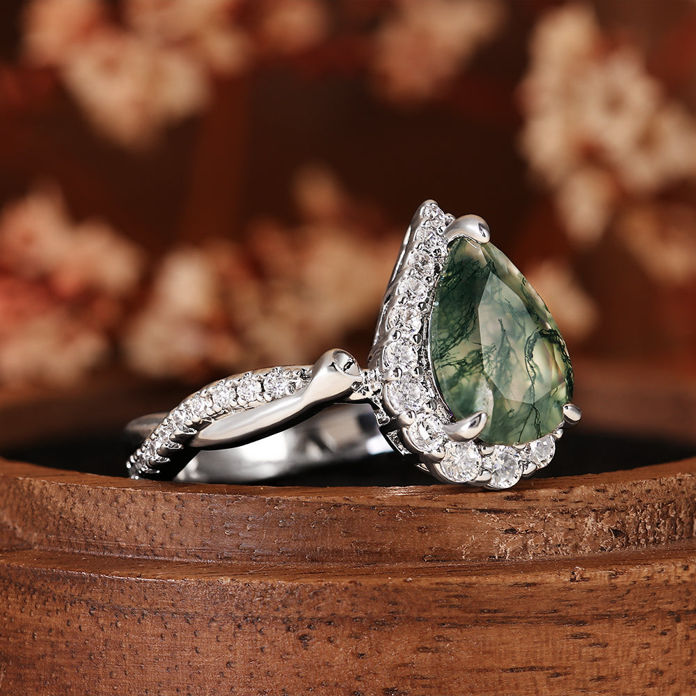 Vintage Natural Pear Cut Moss Agate Unique Halo Twisted Engagement Ring