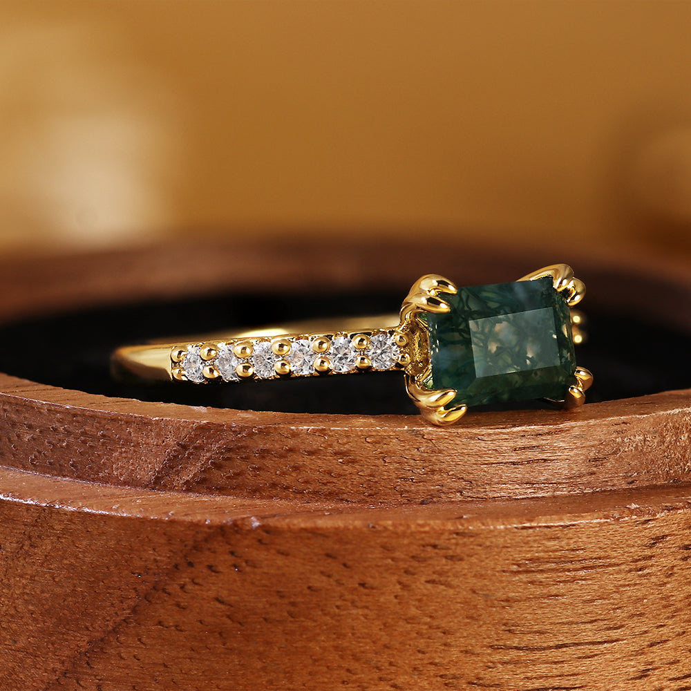 Vintage Inspired Emerald Cut Moss Agate Engagement Ring
