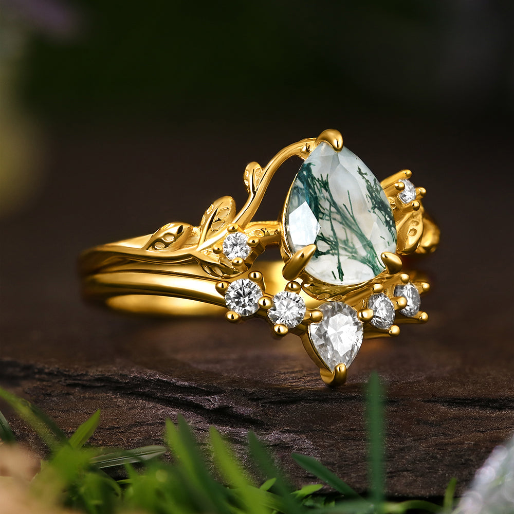 6*8mm Pear Cut Moss Agate  Leaf Leaves Twig Nature Inspired Ring Twisted Ring Vintage Crved Band Bridal Set