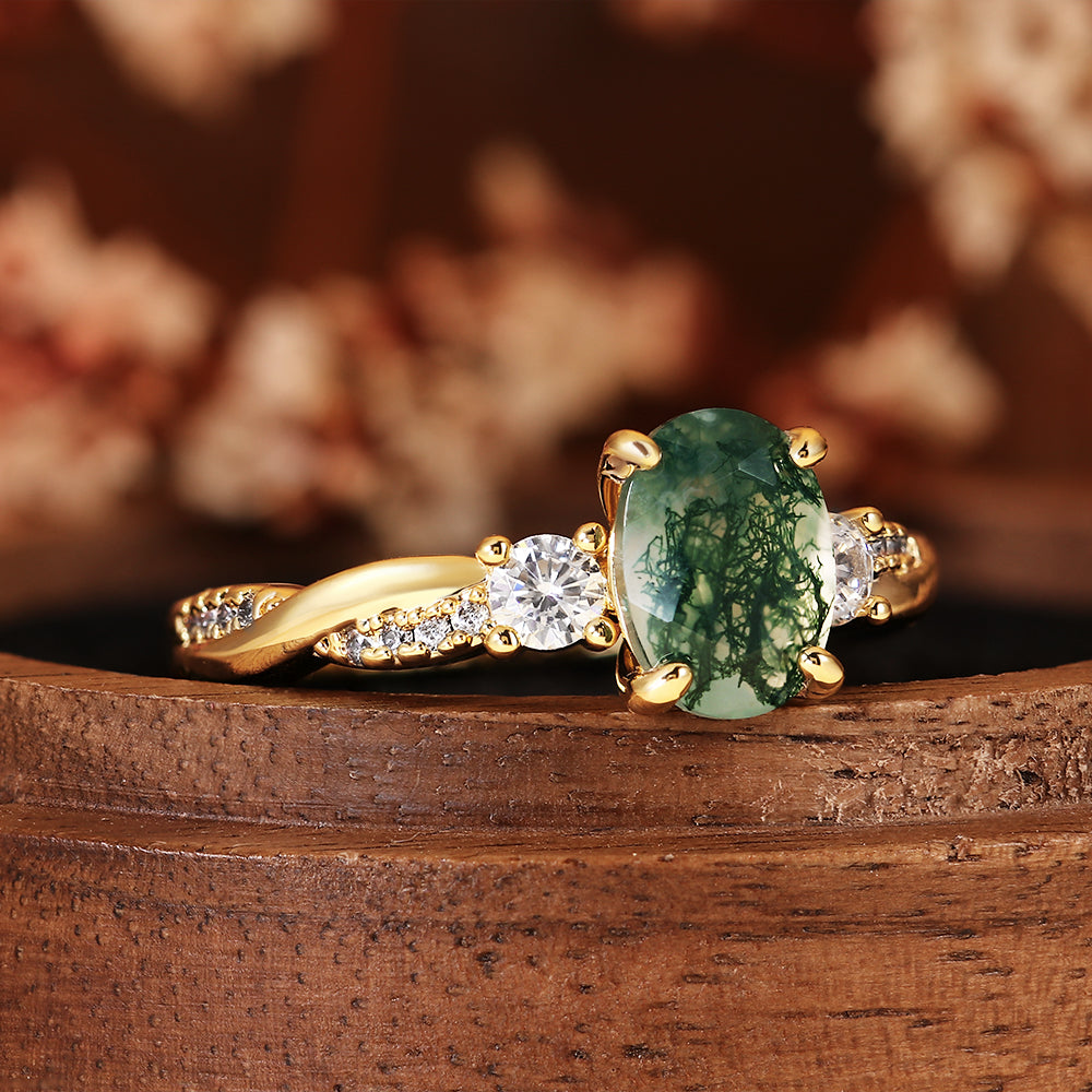 Nature Inspired Oval Cut Moss Agate Three Stone Vintage Twist Engagement Ring