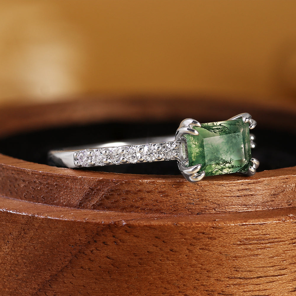 Vintage Inspired Emerald Cut Moss Agate Engagement Ring