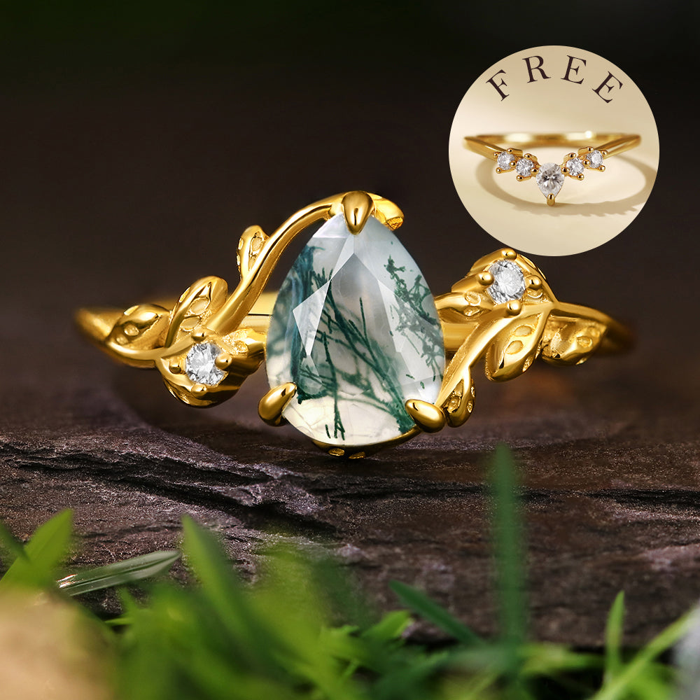 [Buy 1 Get 1 Free]6*8mm Pear Cut Moss Agate  Leaf Leaves Twig Nature Inspired Ring Twisted Ring Vintage Crved Band Bridal Set