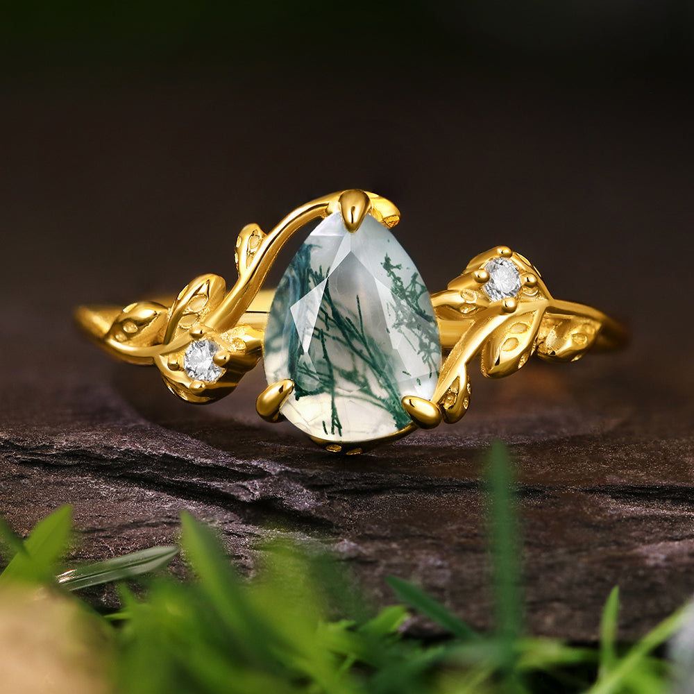 6*8mm Pear Cut Moss Agate  Leaf Leaves Twig Nature Inspired Twisted Engagement Ring