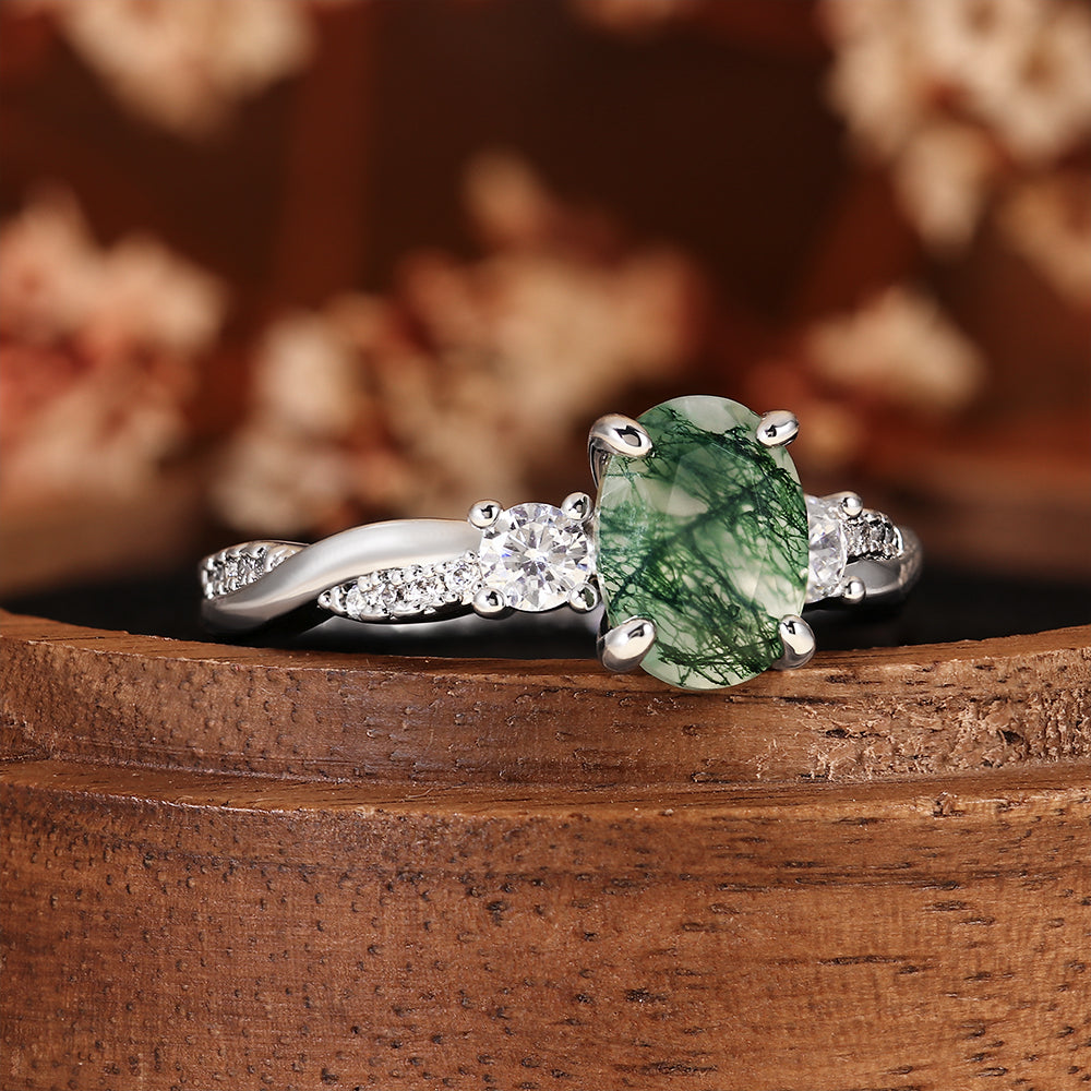Nature Inspired Oval Cut Moss Agate Three Stone Vintage Twist Engagement Ring