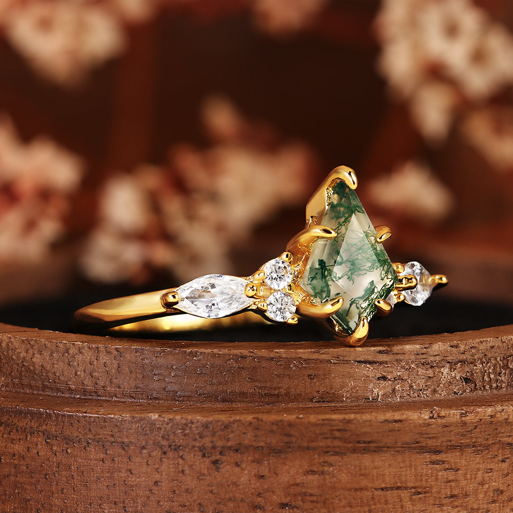 Nature Inspired Kite Cut Moss Agate Boho Engagement Ring