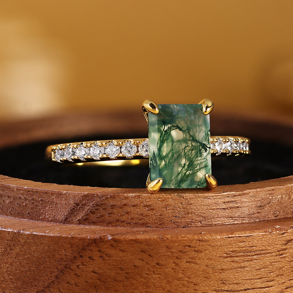 Nature Inspired Emerald Cut Moss Agate Vintage Pave Engagement Ring