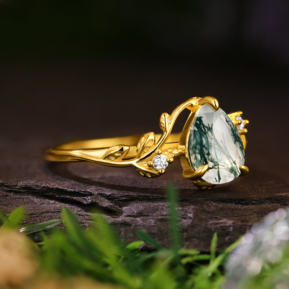6*8mm Pear Cut Moss Agate  Leaf Leaves Twig Nature Inspired Twisted Engagement Ring
