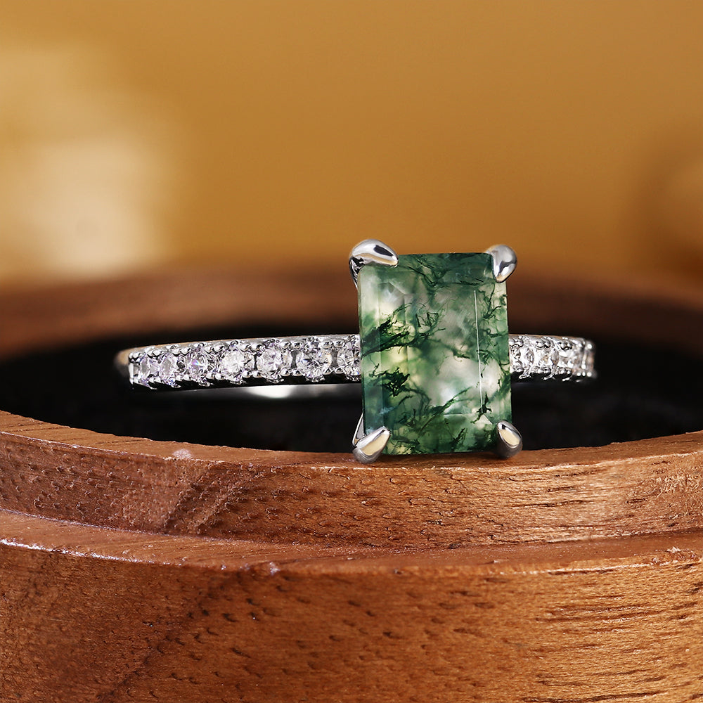 Nature Inspired Emerald Cut Moss Agate Vintage Pave Engagement Ring