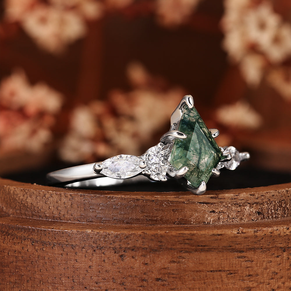 Nature Inspired Kite Cut Moss Agate Boho Engagement Ring
