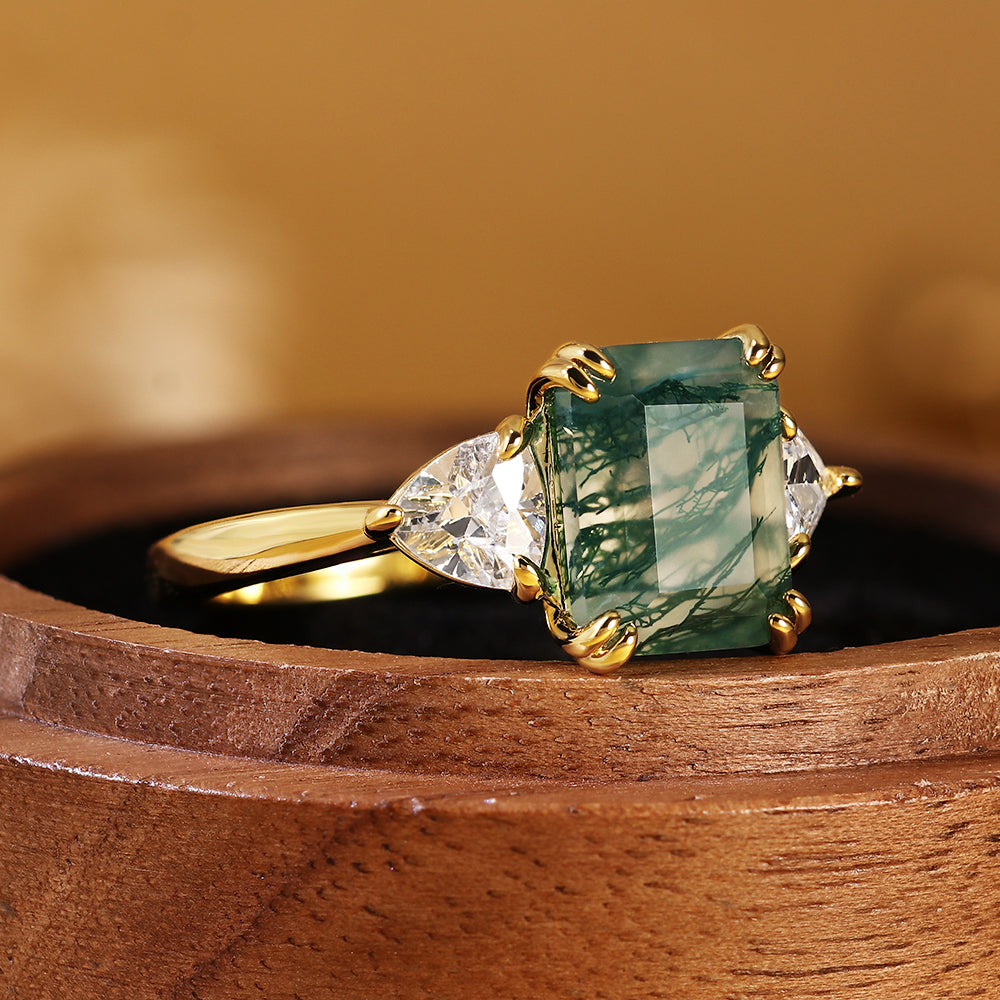 Emerald Cut Moss Agate Three Stone Engagement Ring with Trillion Side Stones