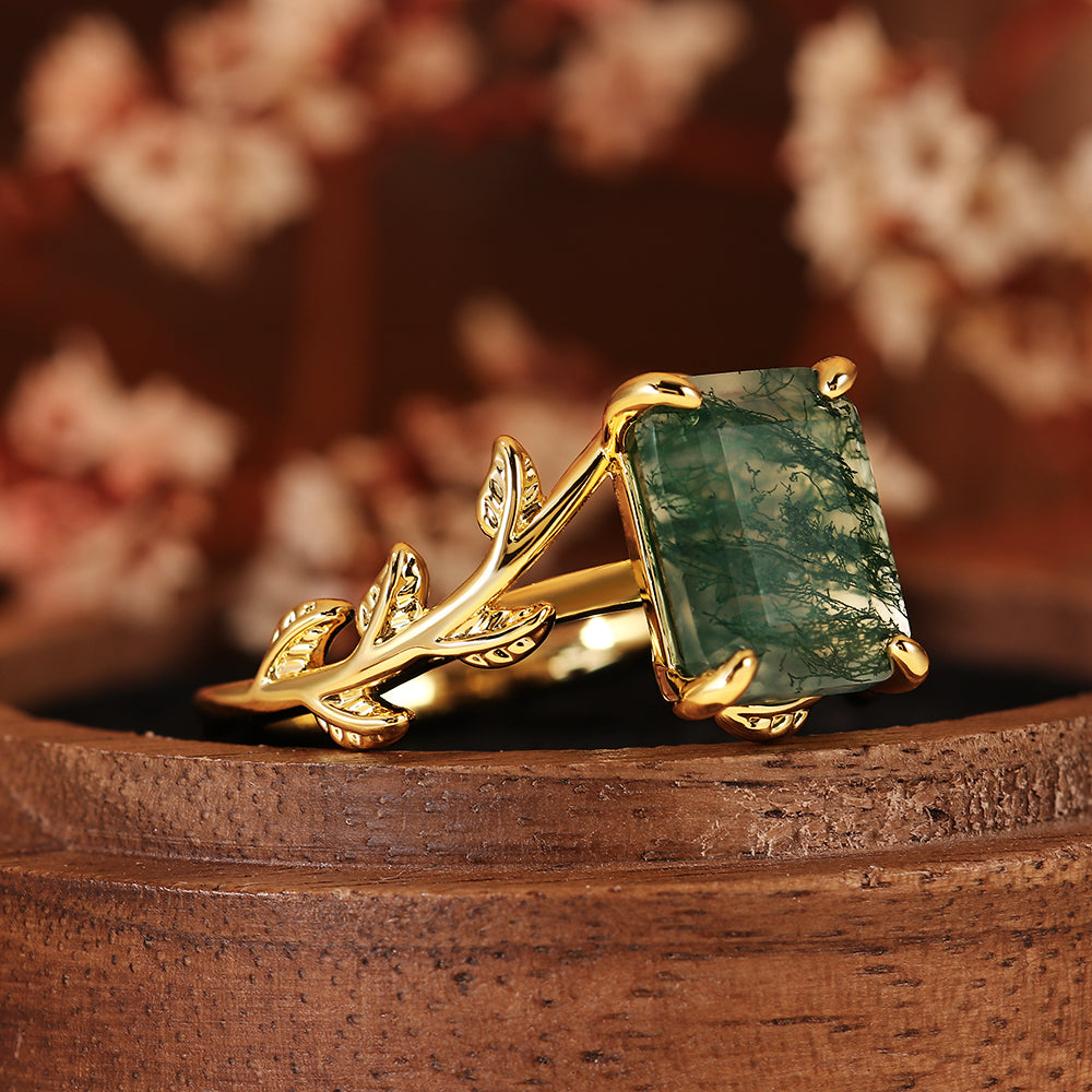Vintage Emerald Cut Moss Agate Nature Inspired Leaf Branch Engagement Ring