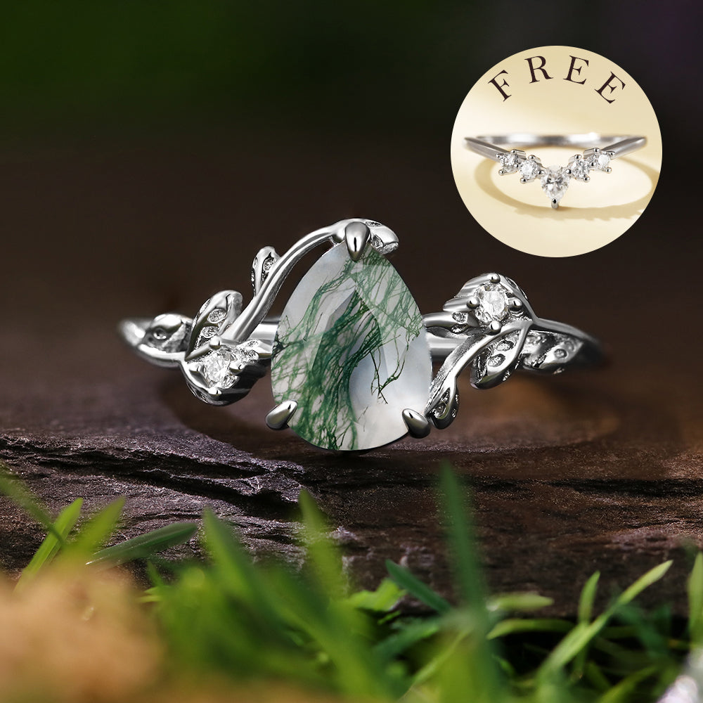 [Buy 1 Get 1 Free]6*8mm Pear Cut Moss Agate  Leaf Leaves Twig Nature Inspired Ring Twisted Ring Vintage Crved Band Bridal Set