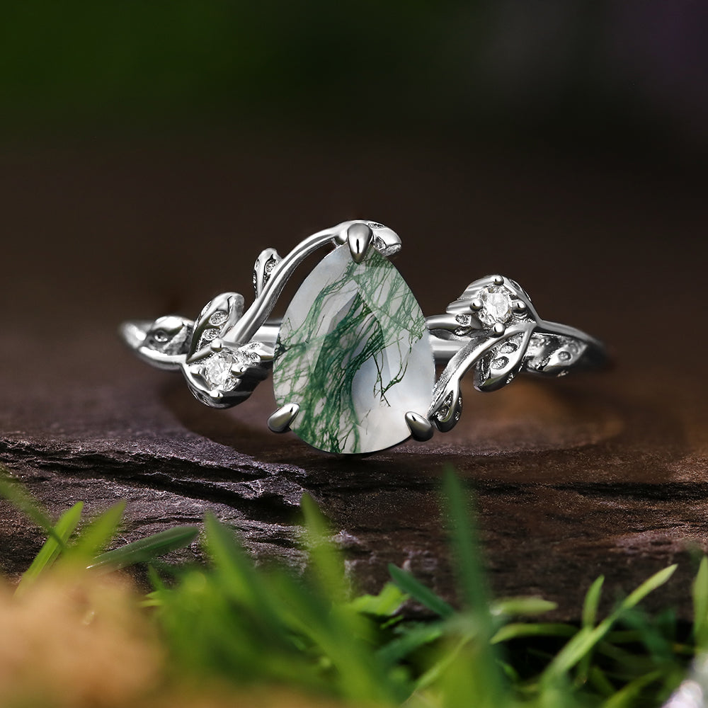 6*8mm Pear Cut Moss Agate  Leaf Leaves Twig Nature Inspired Twisted Engagement Ring