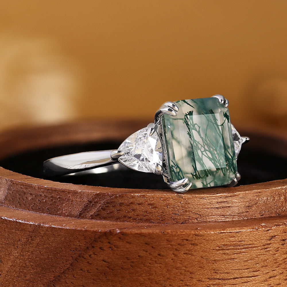 Emerald Cut Moss Agate Three Stone Engagement Ring with Trillion Side Stones