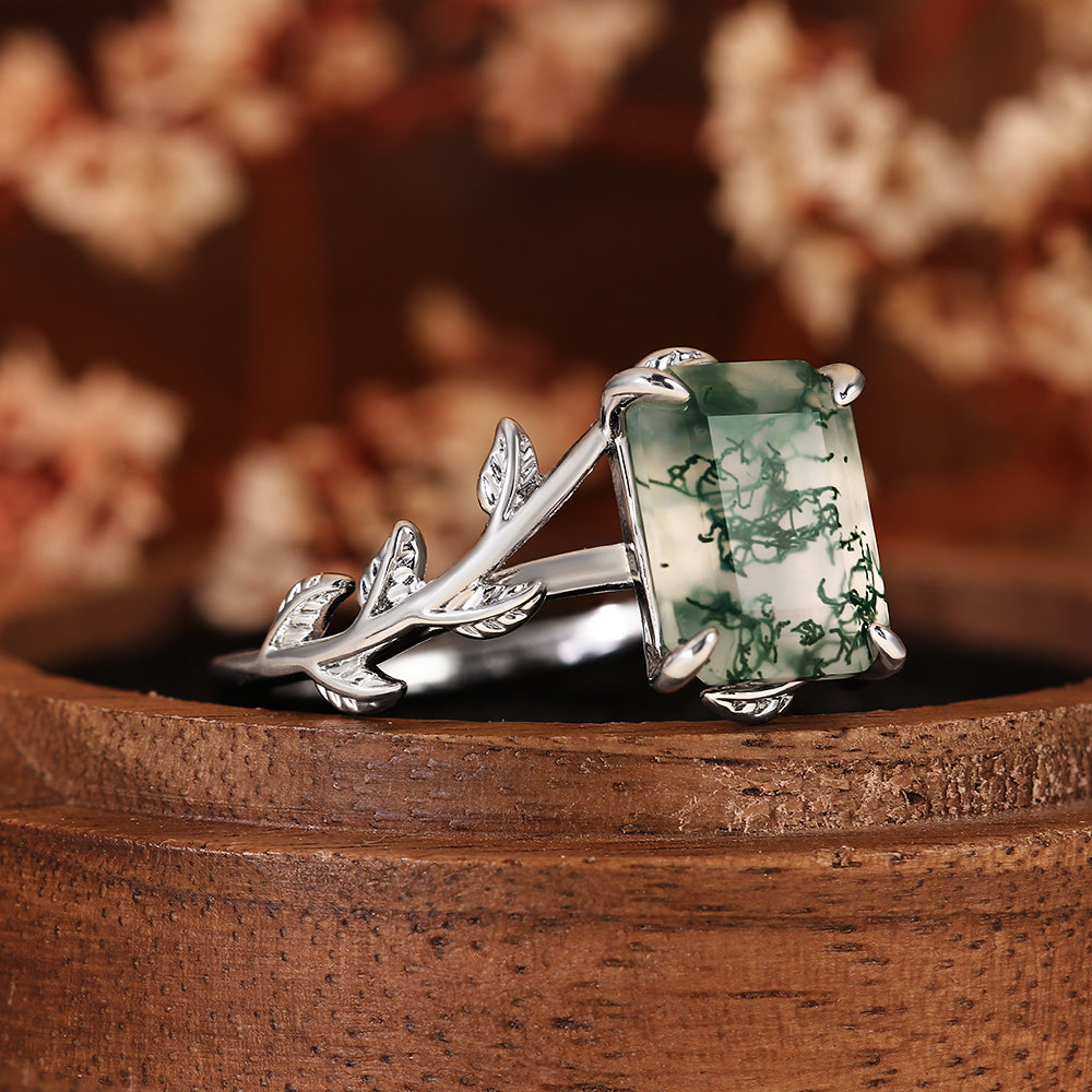 Vintage Emerald Cut Moss Agate Nature Inspired Leaf Branch Engagement Ring
