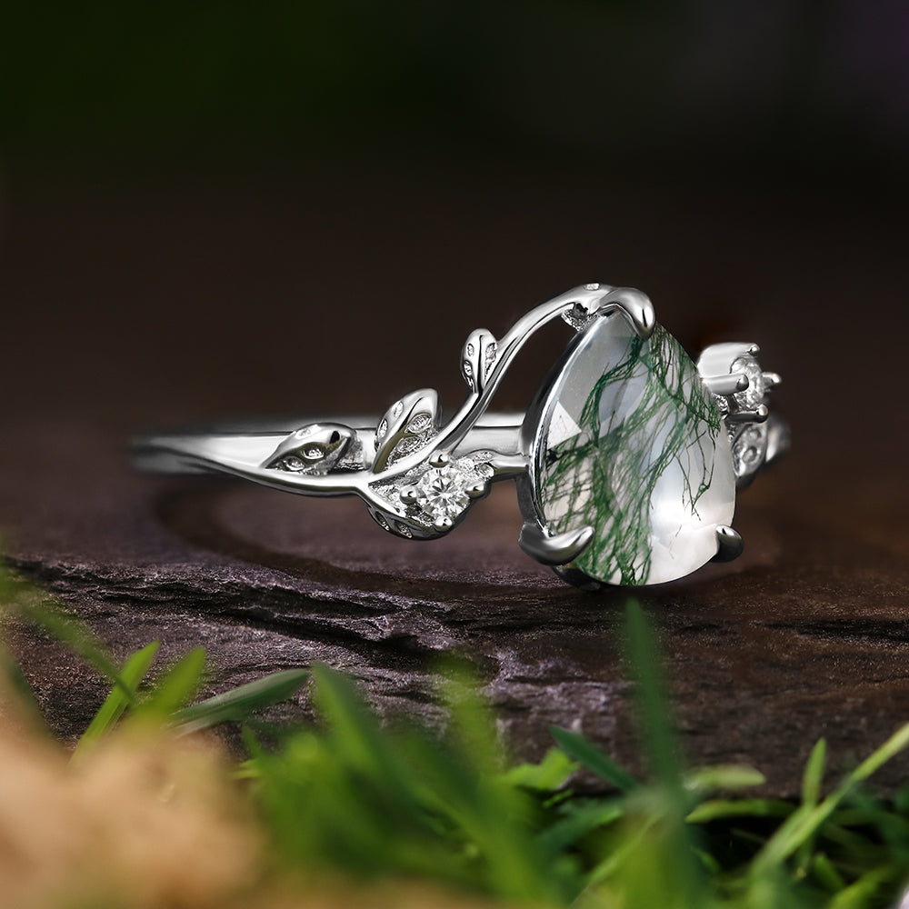 6*8mm Pear Cut Moss Agate  Leaf Leaves Twig Nature Inspired Twisted Engagement Ring