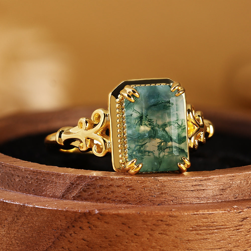Emerald Cut Moss Agate Art Deco Natural Engagement Ring