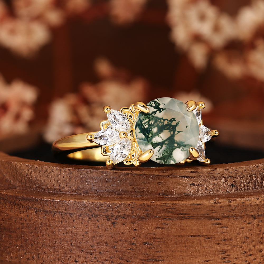 Unique Round Moss Agate Vintage Art Deco Flower Cluster Engagement Ring