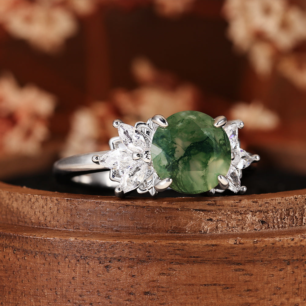 Unique Round Moss Agate Vintage Art Deco Flower Cluster Engagement Ring