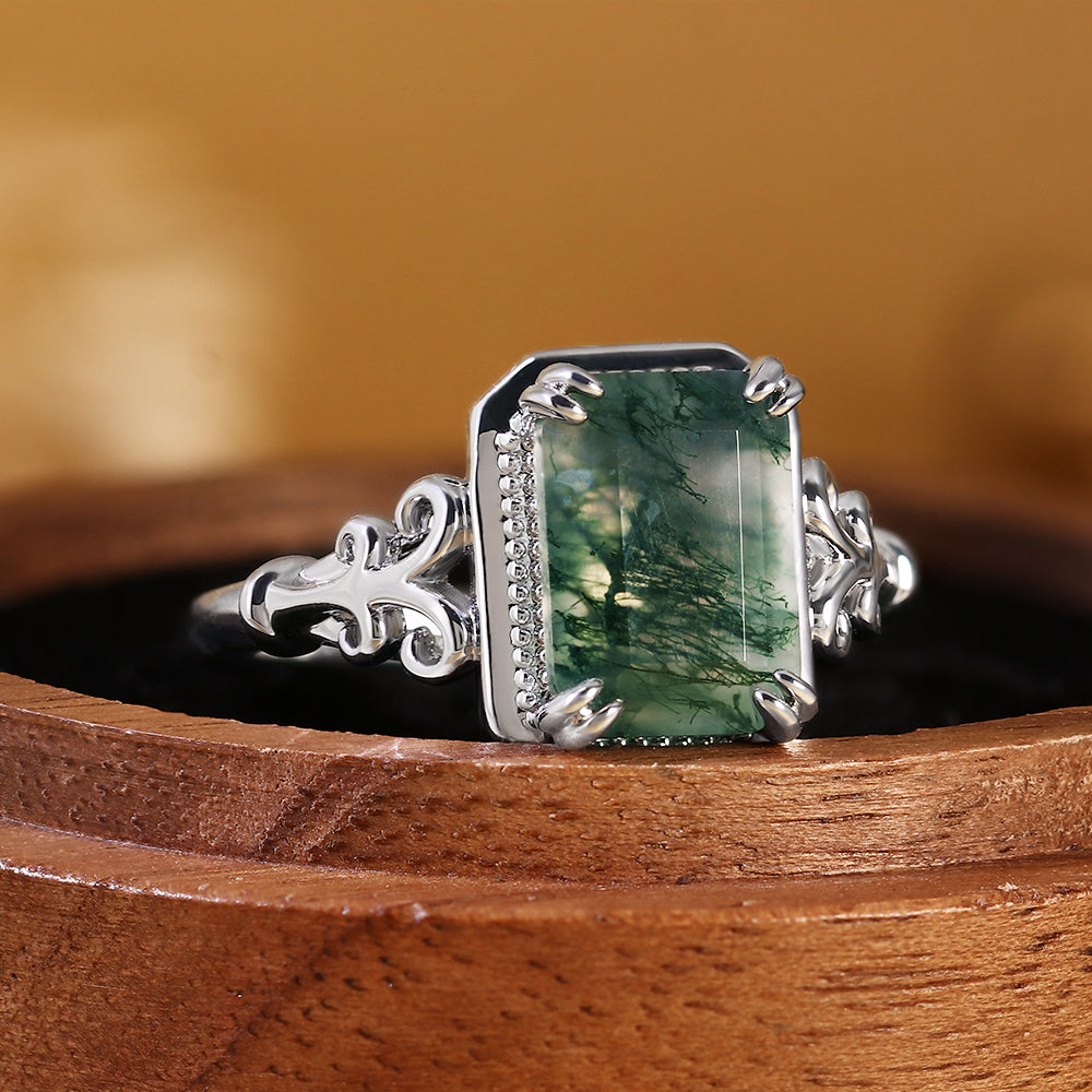 Emerald Cut Moss Agate Art Deco Natural Engagement Ring