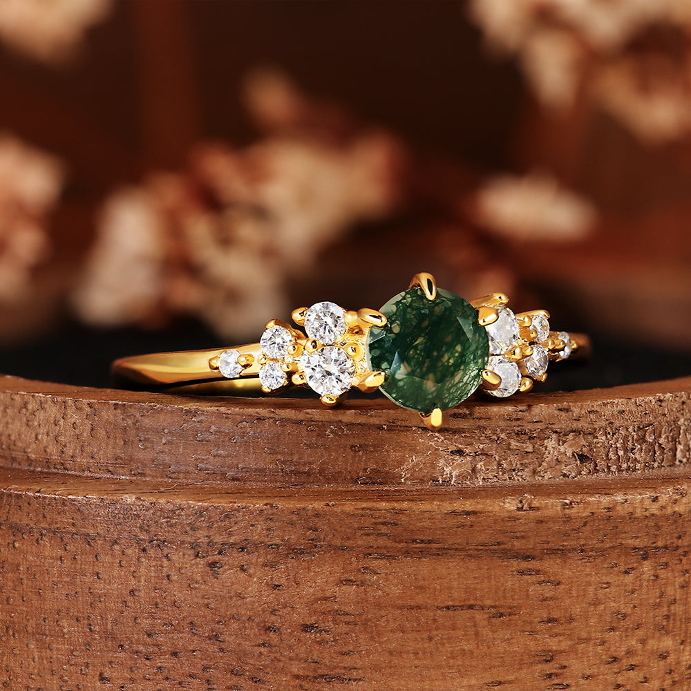 Unique Vintage Inspired Round Cut Moss Agate Cluster Engagement Ring