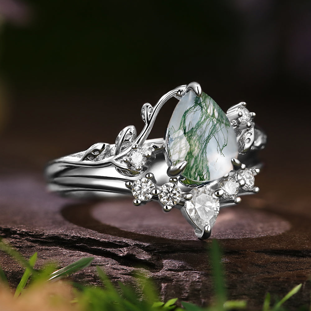 6*8mm Pear Cut Moss Agate  Leaf Leaves Twig Nature Inspired Ring Twisted Ring Vintage Crved Band Bridal Set