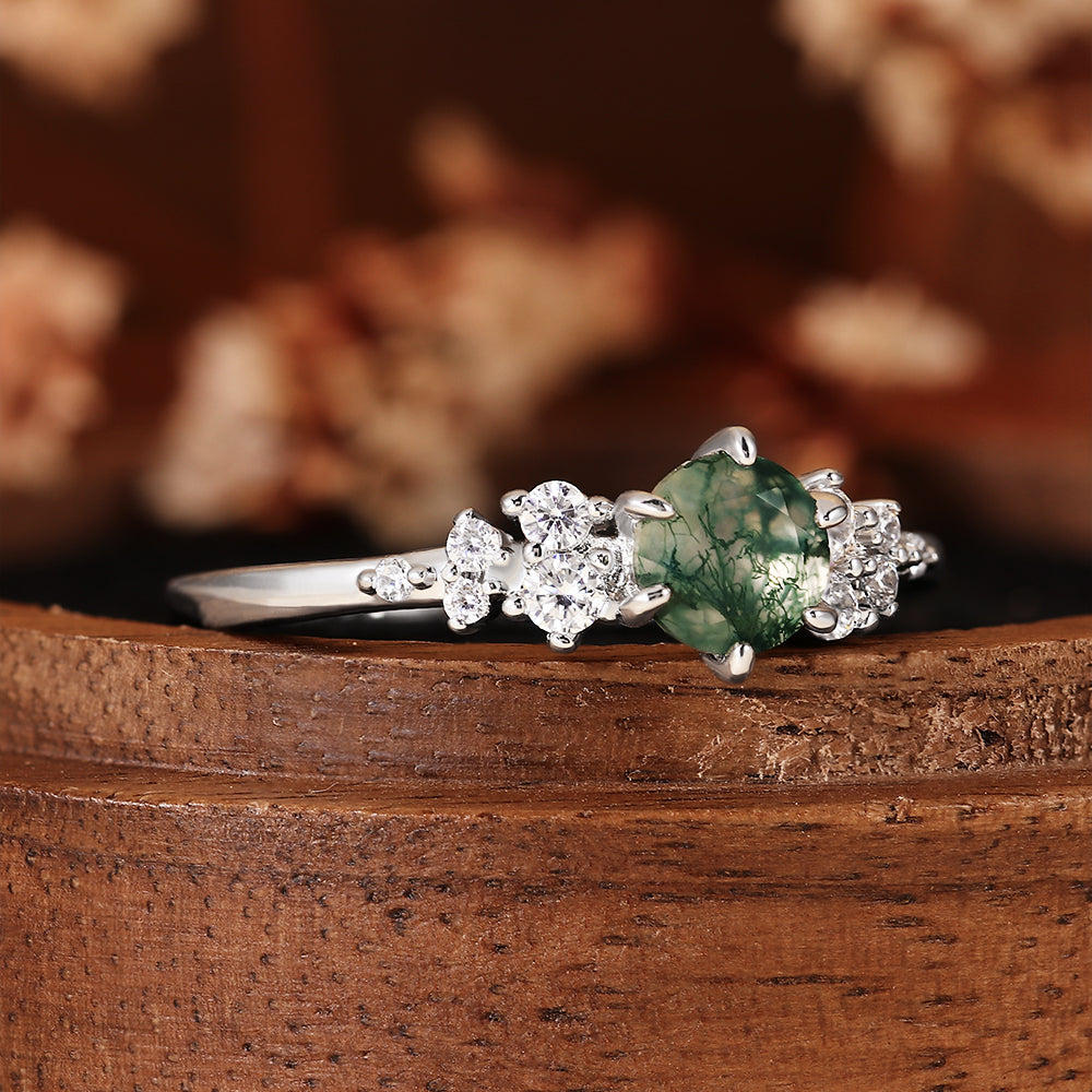 Unique Vintage Inspired Round Cut Moss Agate Cluster Engagement Ring