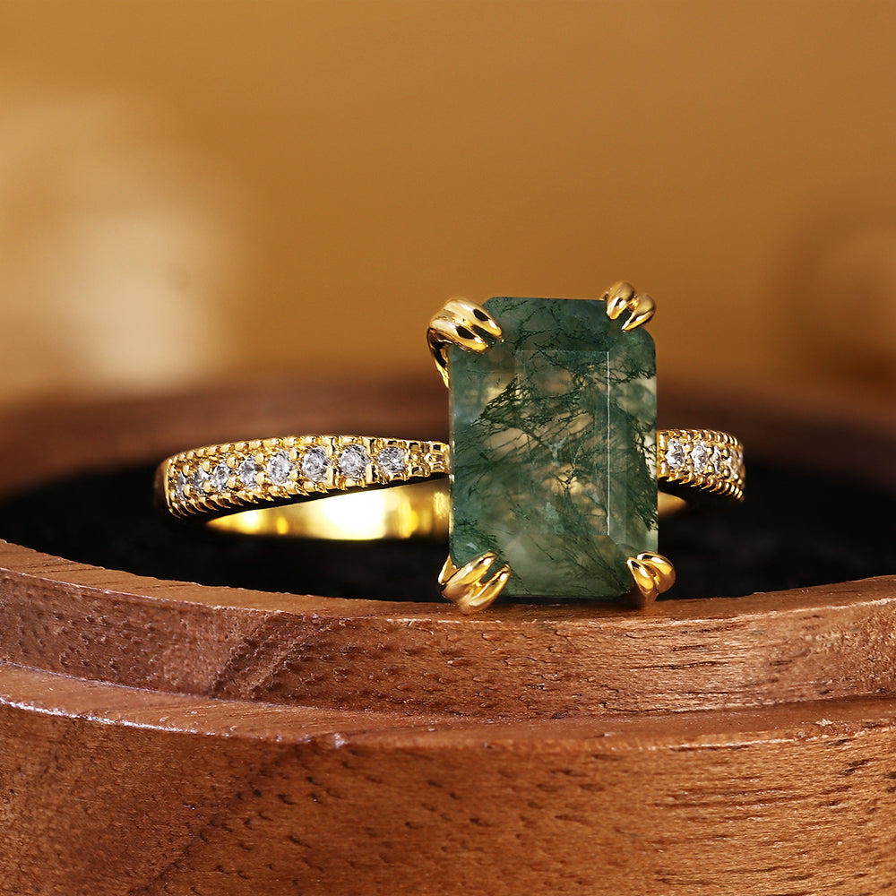 Vintage Inspired Natural Emerald Cut Moss Agate Accent Engagement Ring