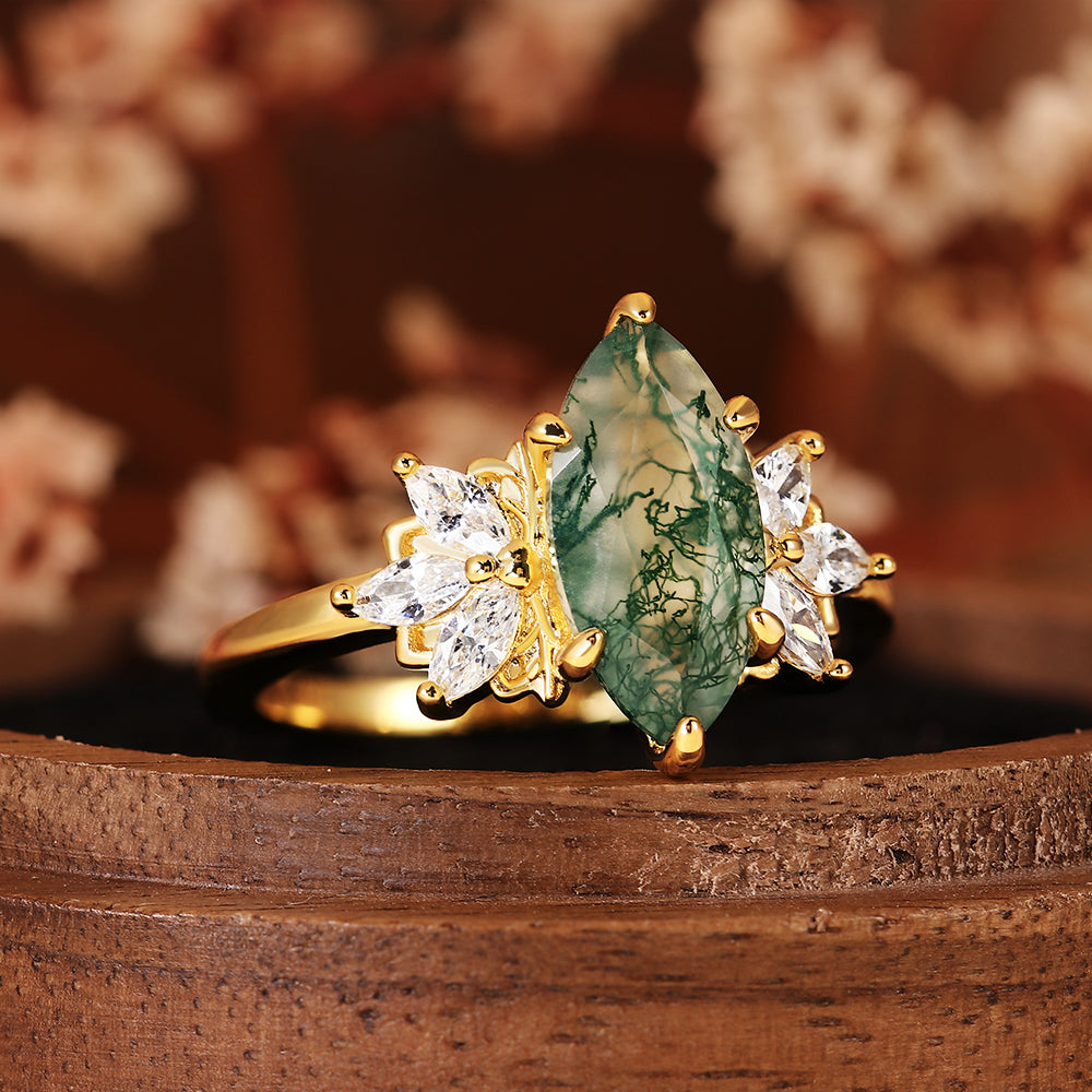 Vintage Nature Inspired Cluster Marquise Cut Moss Agate Engagement Ring