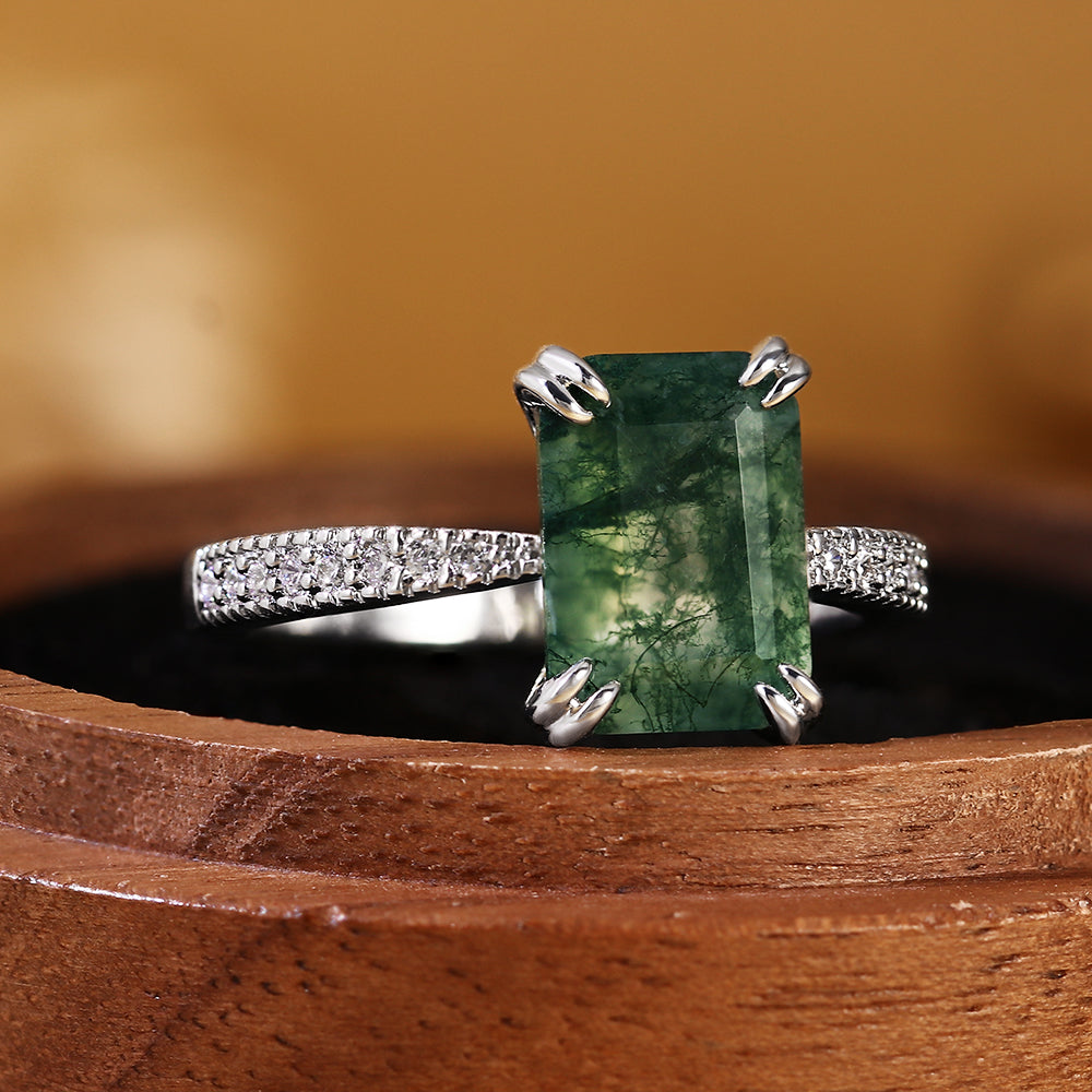 Vintage Inspired Natural Emerald Cut Moss Agate Accent Engagement Ring