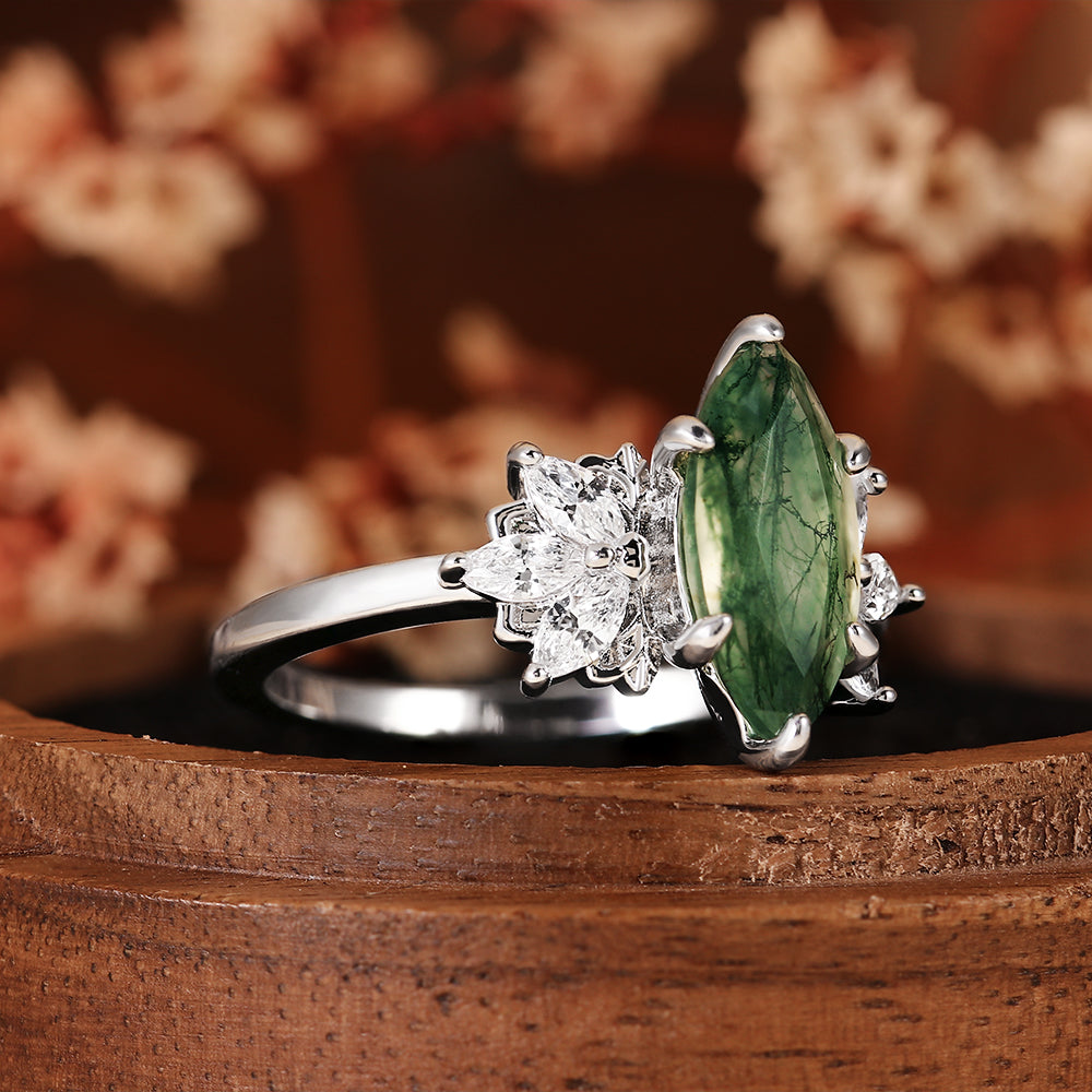Vintage Nature Inspired Cluster Marquise Cut Moss Agate Engagement Ring