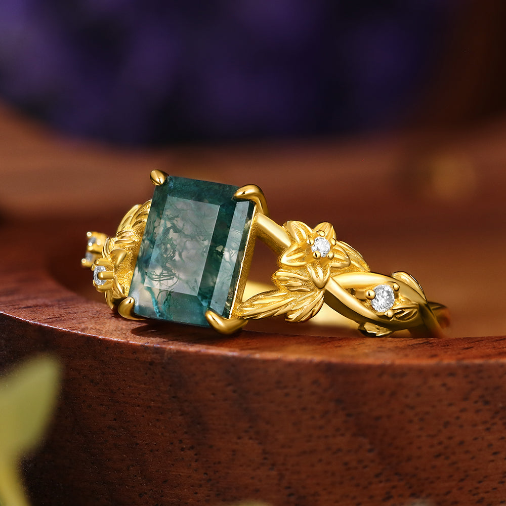 6*8mm Vintage Emerald Cut Moss Agate  Leaf Flower Nature Inspired Unique Twisted Engagement Ring