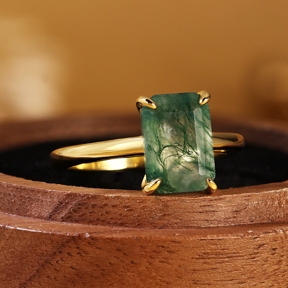 Natural Emerald Cut Moss Agate Solitaire Engagement Ring