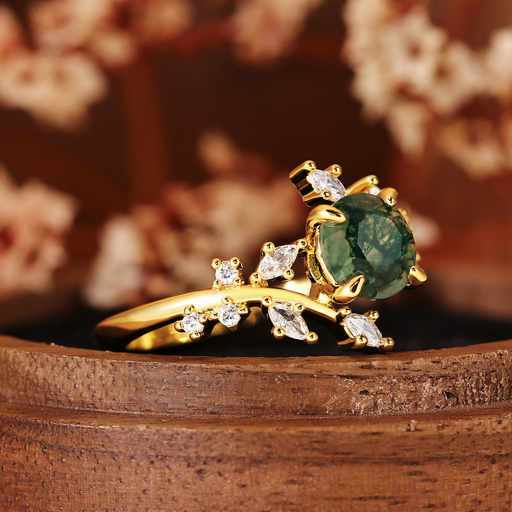 Nature Inspired Round Cut Moss Agate Leaf & Vine Engagement Ring