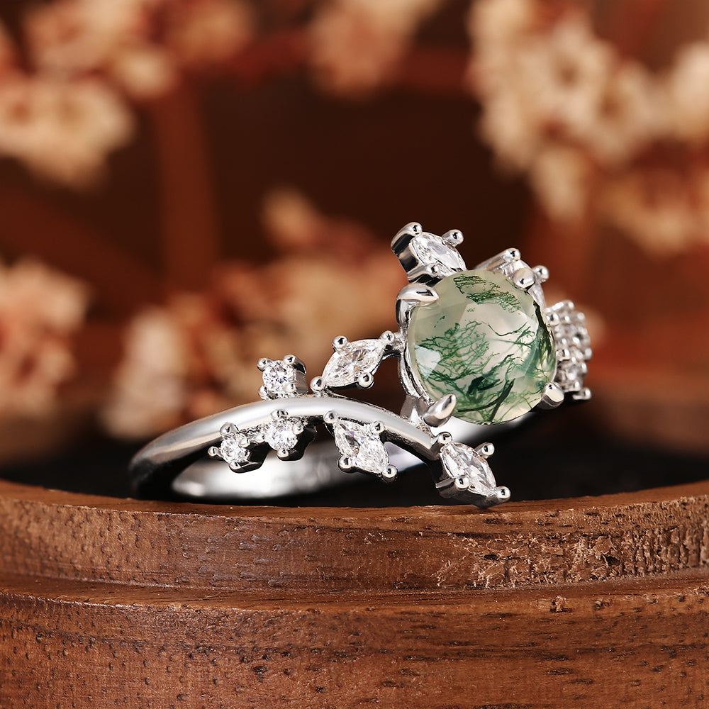 Nature Inspired Round Cut Moss Agate Leaf & Vine Engagement Ring