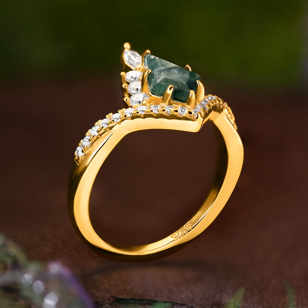 6*9mm Kite Cut Moss Agate Halo Unique Engagement Ring Art Deco Curved Engagement Ring
