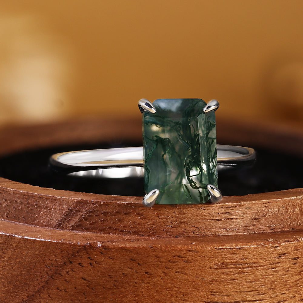Natural Emerald Cut Moss Agate Solitaire Engagement Ring