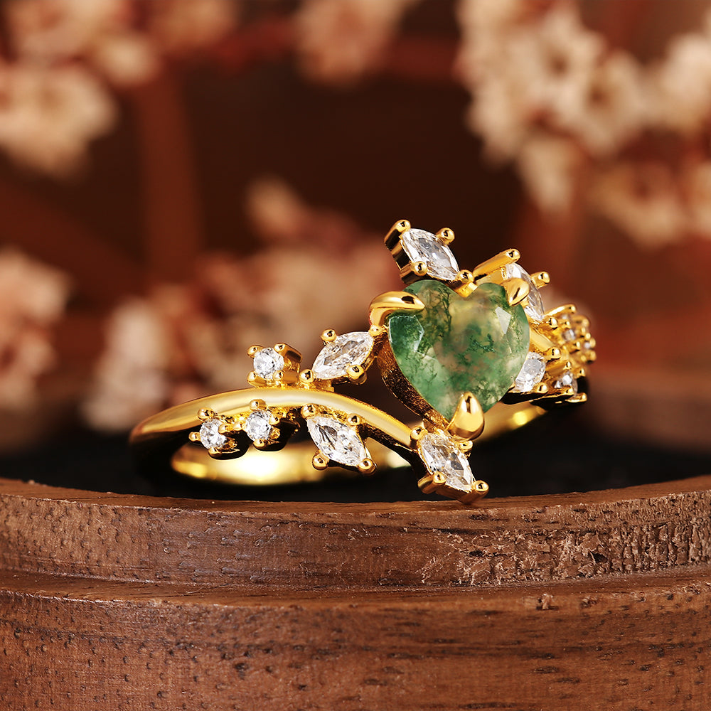 Nature Inspired Leaf Branch Heart Cut Moss Agate Engagement Ring