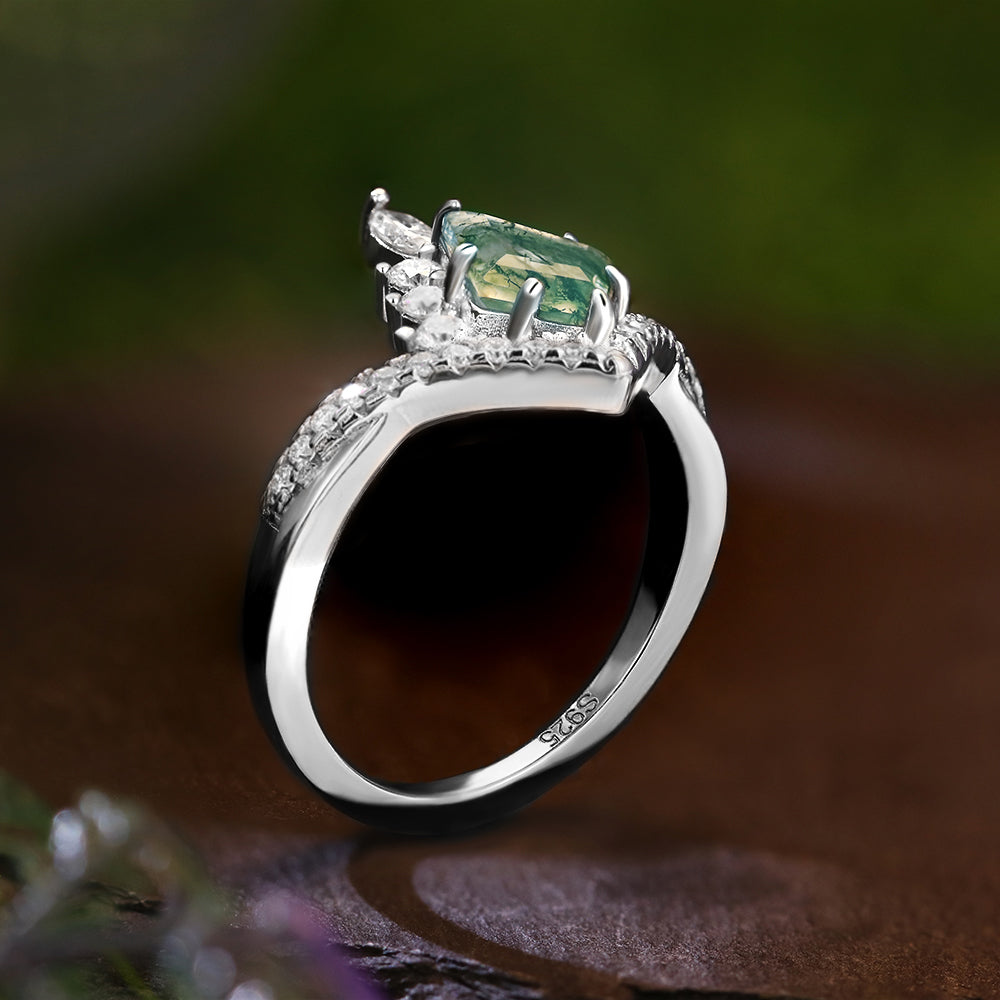 6*9mm Kite Cut Moss Agate Halo Unique Engagement Ring Art Deco Curved Engagement Ring