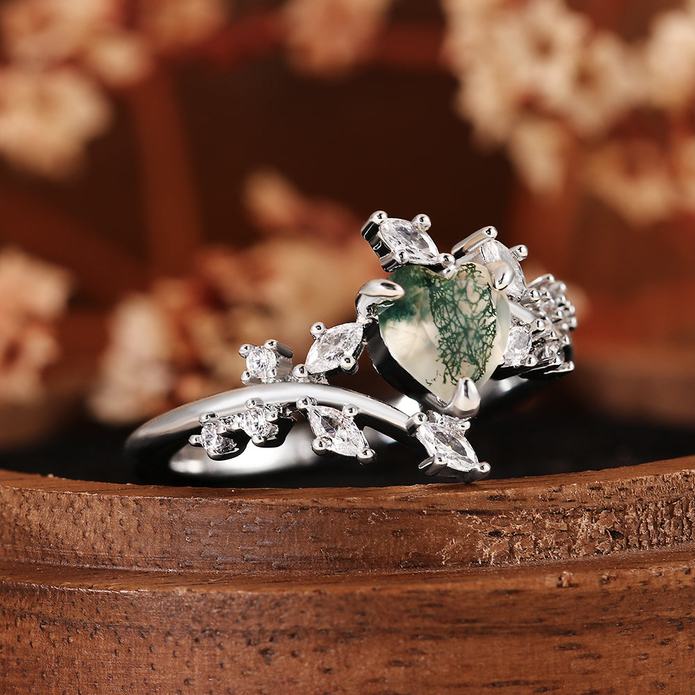 Nature Inspired Leaf Branch Heart Cut Moss Agate Engagement Ring