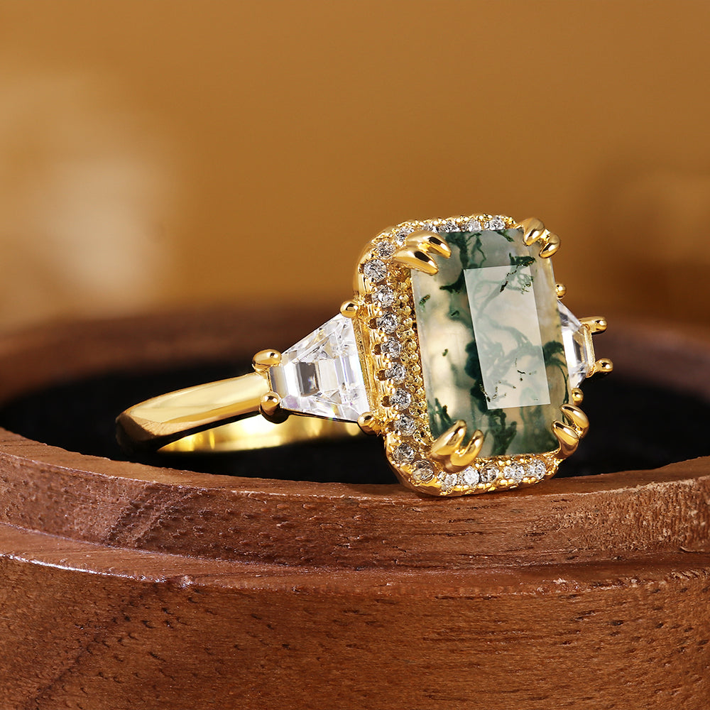 Emerald Cut Moss Agate Engagement Ring with Trillion Side Stones and Pave Halo