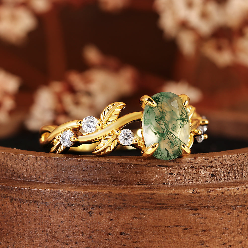 Nature Inspired Leaf Vine Oval Cut Moss Agate Engagement Ring
