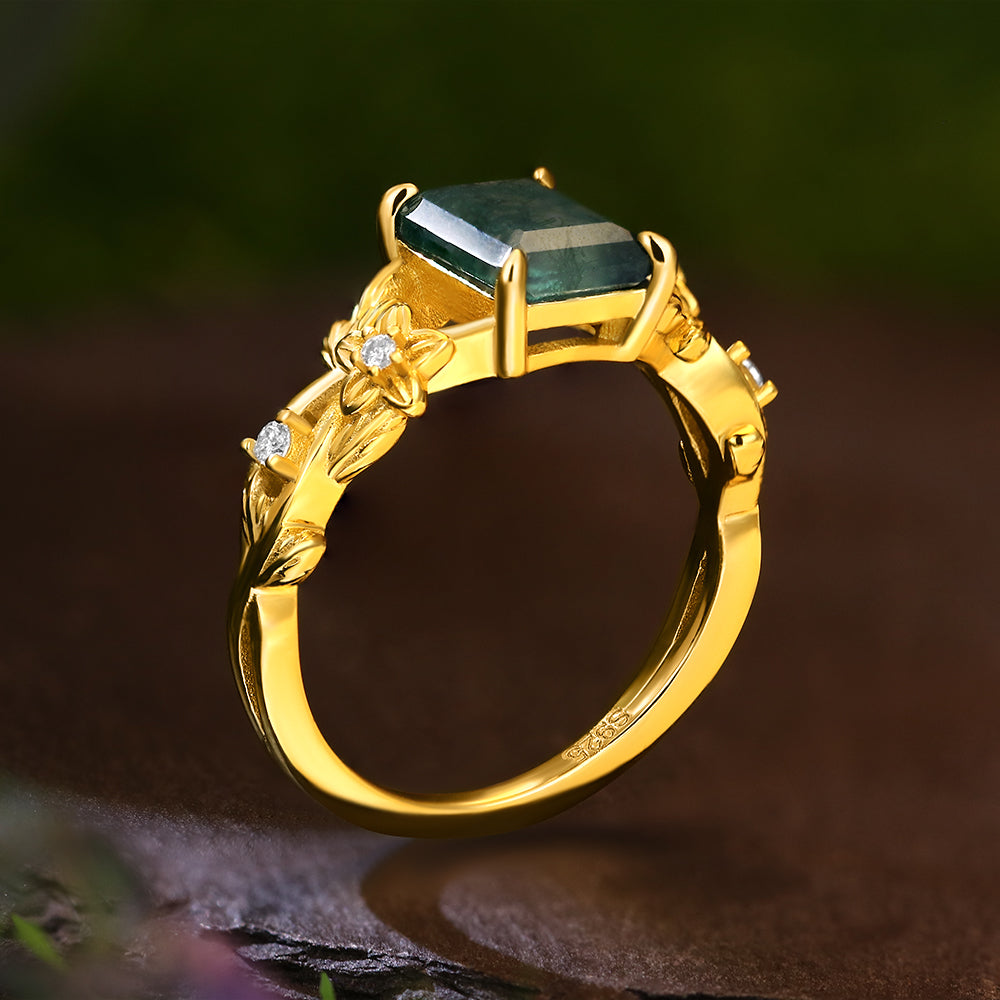 6*8mm Vintage Emerald Cut Moss Agate  Leaf Flower Nature Inspired Unique Twisted Engagement Ring