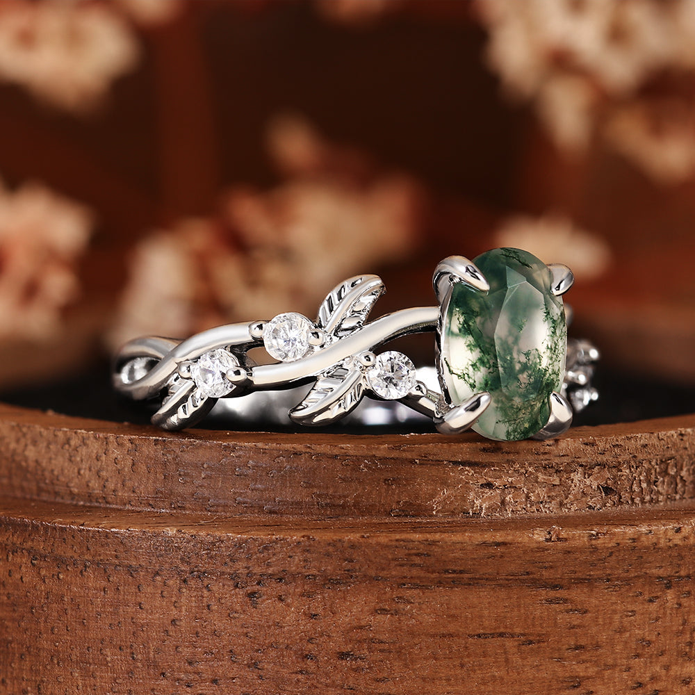Nature Inspired Leaf Vine Oval Cut Moss Agate Engagement Ring