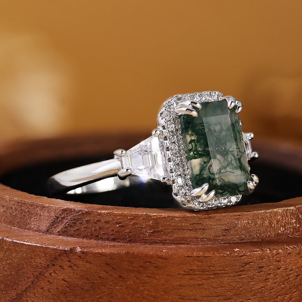 Emerald Cut Moss Agate Engagement Ring with Trillion Side Stones and Pave Halo