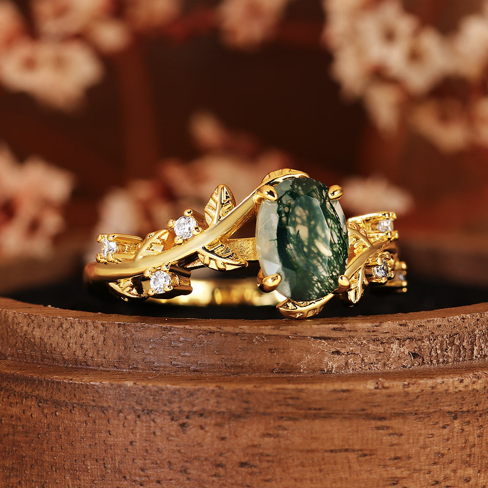 Nature Inspired Oval Cut Moss Agate Leaf & Vine Engagement Ring