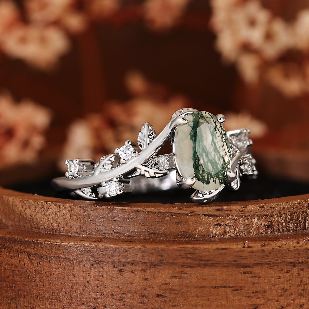 Nature Inspired Oval Cut Moss Agate Leaf & Vine Engagement Ring