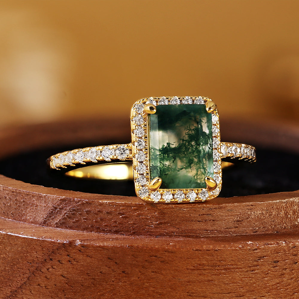 Nature Inspired Emerald Cut Moss Agate Halo Engagement Ring